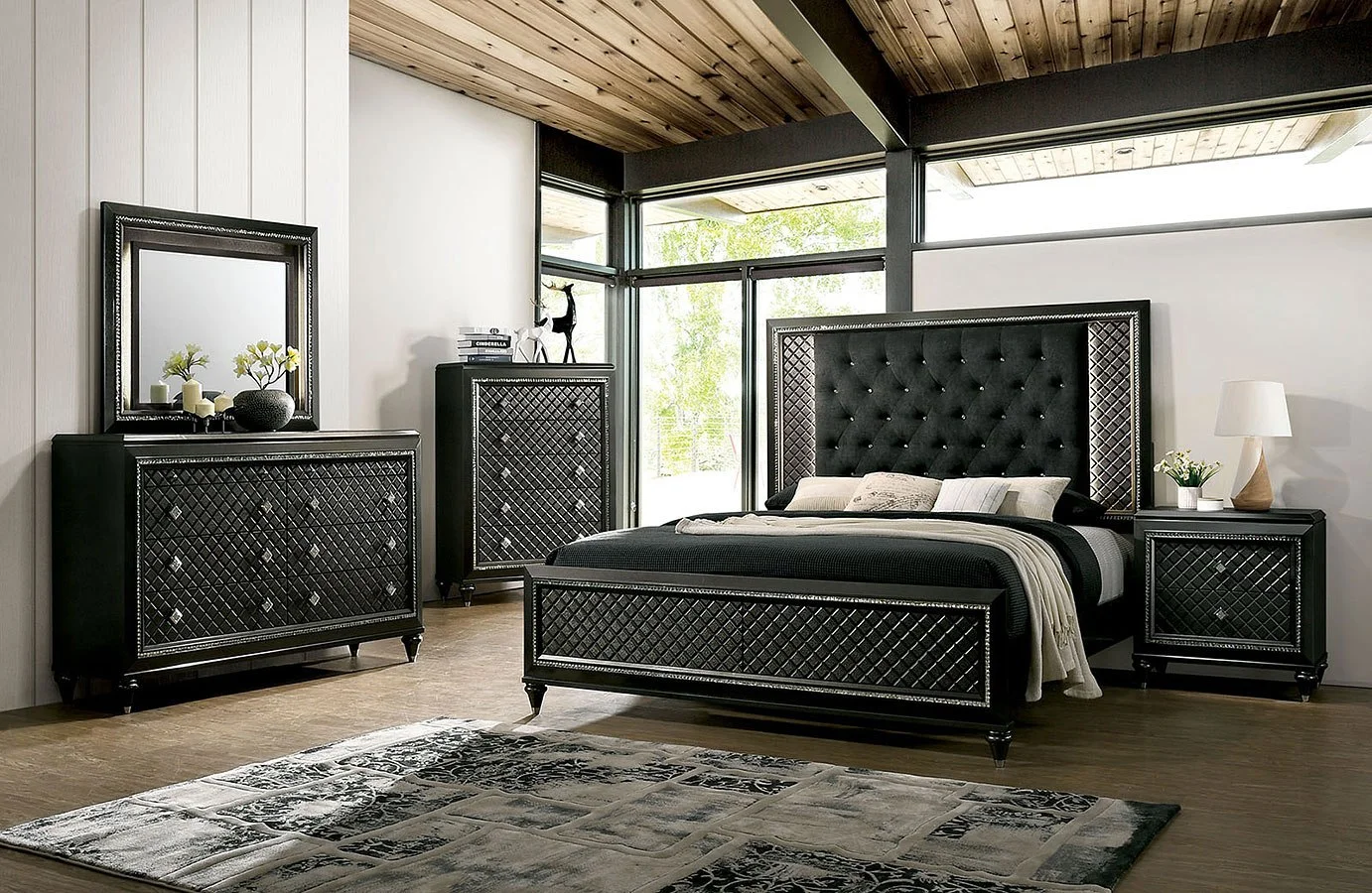 Bedroom Furniture 3pc Set Queen Size Bed 2x Nightstands Metallic Gray Solid wood Black Fabric Tufted HB Texture Frame