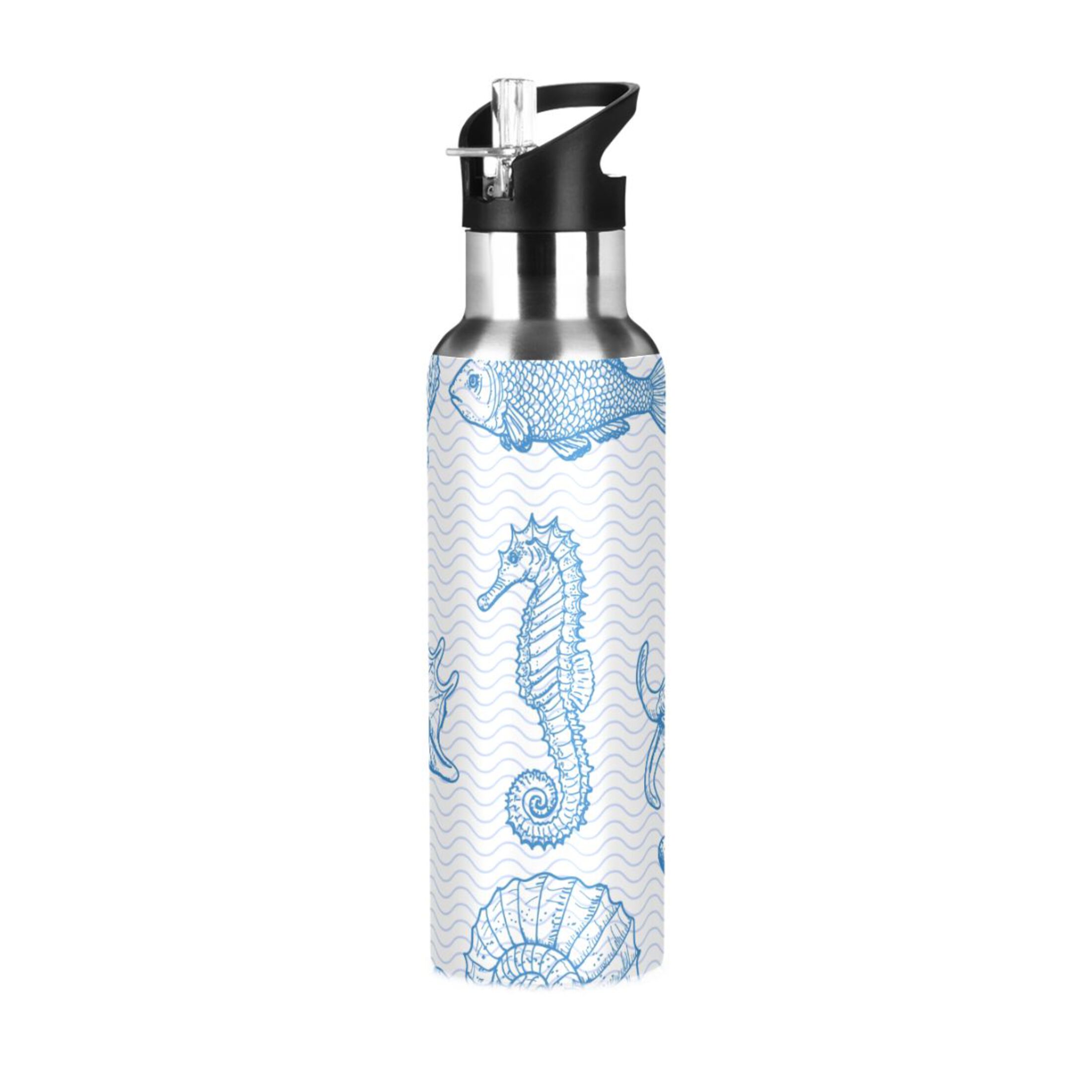 Water Bottle with Straw Lid Leak Blue Of Sea Shells Stainless Steel Insulated Thermos Vacuum Flask for Cold Hot Drinking for Sports Camping Gym Yoga