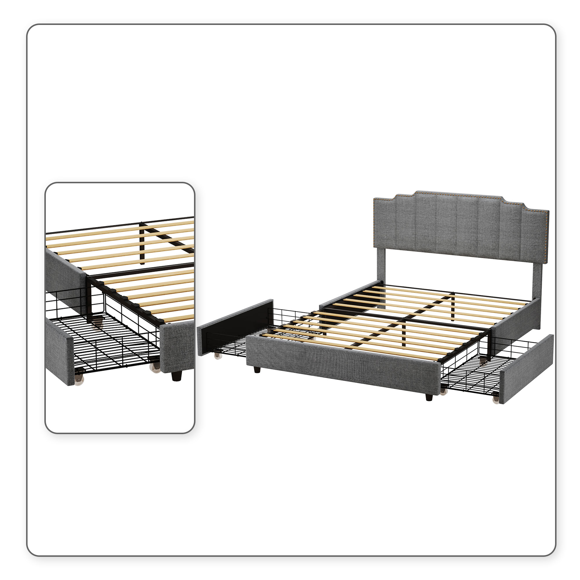 Classic and Elegant Queen Size Linen Fabric Upholstered Platform Bed with Rivets Design and Wooden Frame, Grey