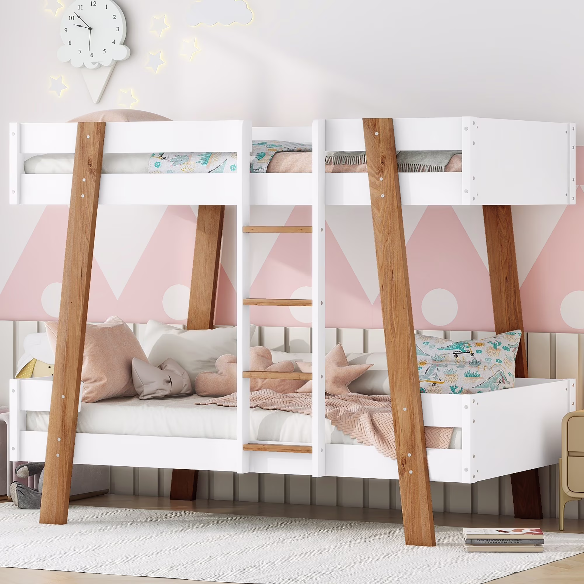 Euroco Wood Twin over Twin Bunk Bed, Inclined Bunk Bed Frame, No Box Spring Needed, White