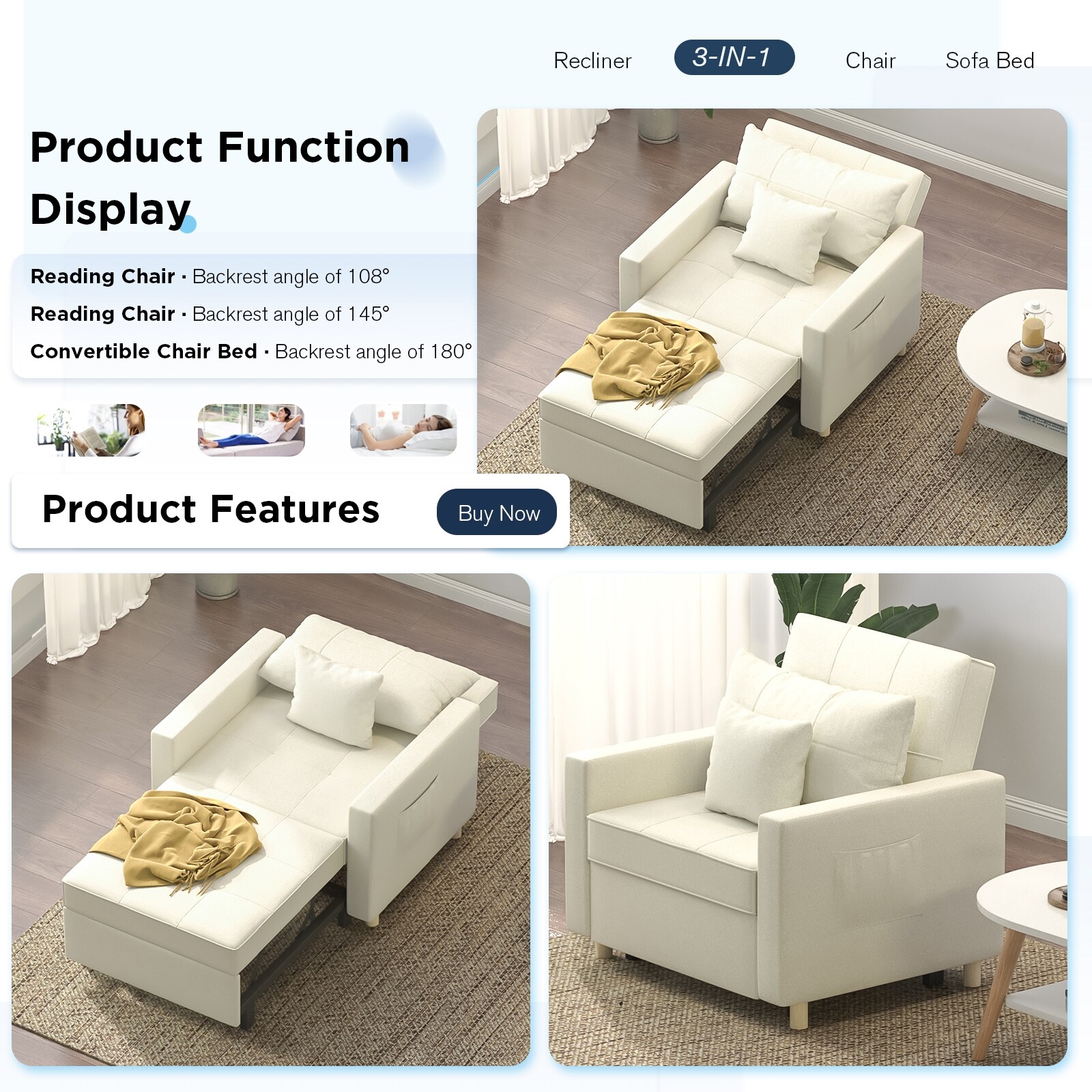 AECOJOY Sleeper Chair Bed 3-in-1 Convertible Multi-Functional Sofa Bed White