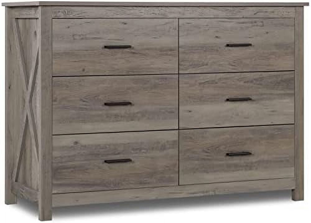RUNFAYBIU  Dresser for Bedroom - Wooden Dresser with 6 Drawers  Double Dresser  Grey Oak  Drawer Cabinet  Chest of Drawer  Farmhouse Bedroom