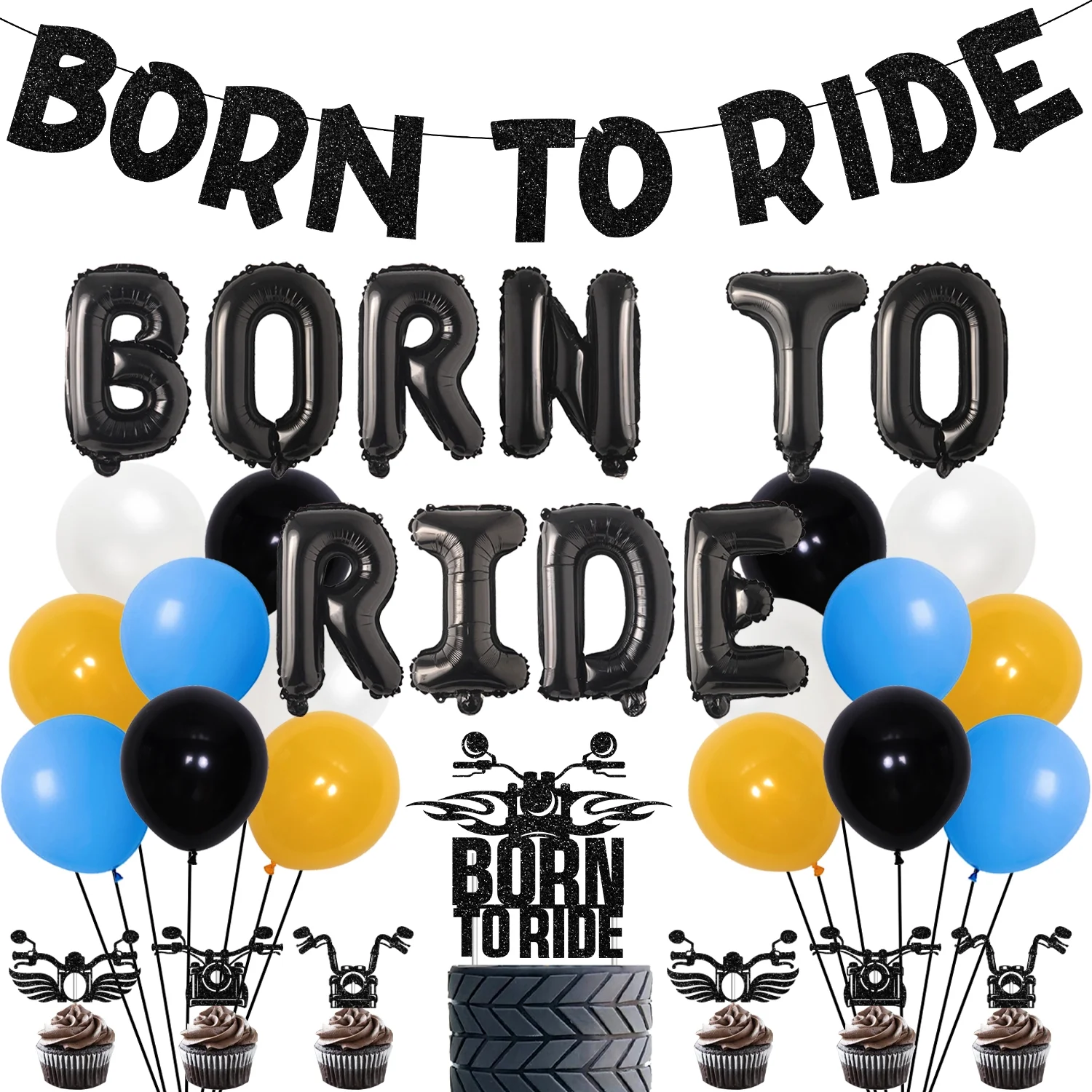 Dirt Bike Birthday Party Decoration for Boys, Motocross Racing Party Supplies with Born To Ride Balloon Banner Cupcake & Cake Topper, Yellow Blue Balloon Garland Arch Kit for Motorcycle Birthday Party