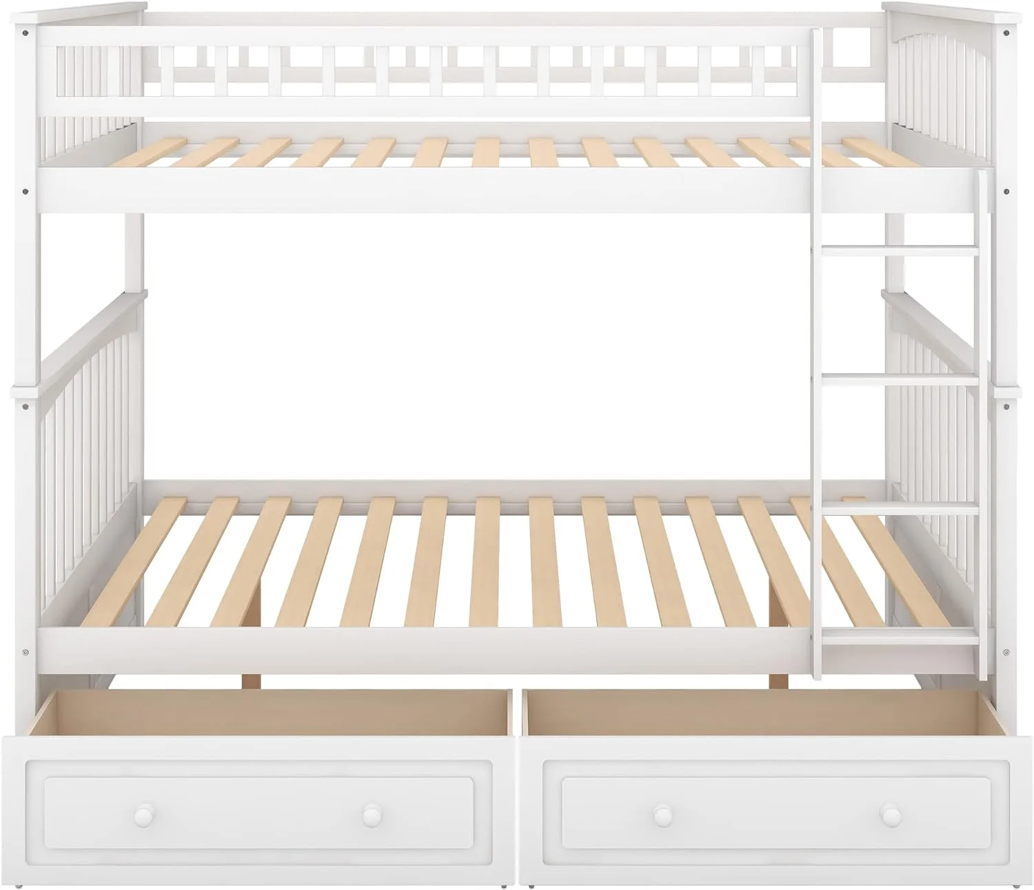 Full Over Full Buk Bed With Drawers, Woode Buk Bed Frame, White