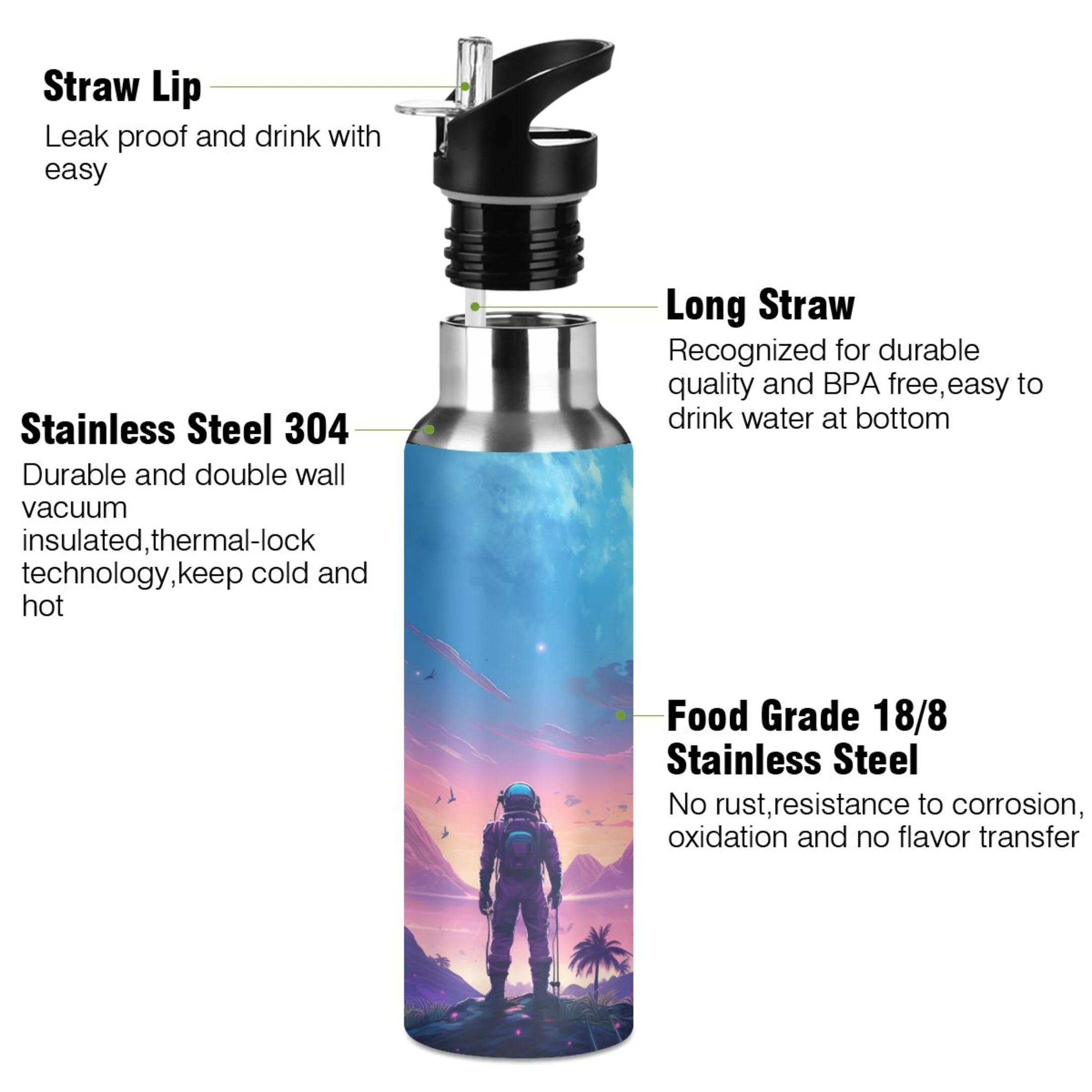 Water Bottle with Straw Lid Leak Men on Mountain Night Stainless Steel Insulated Thermos Vacuum Flask for Cold Hot Drinking for Sports Camping Gym Yoga