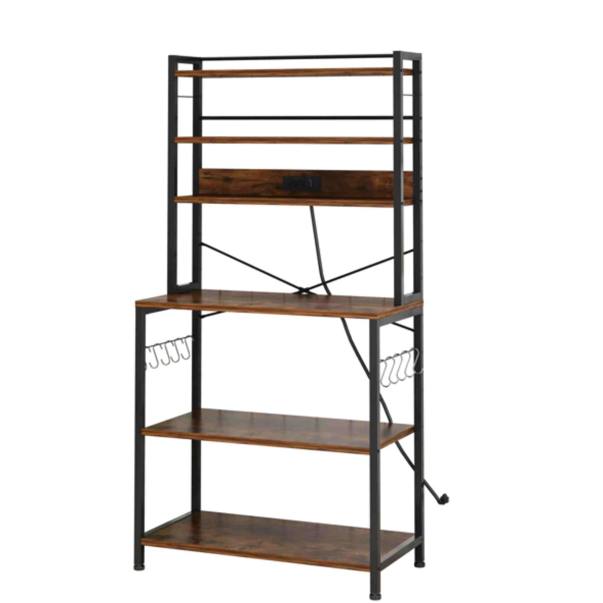 Dinling 6 layers with strips and 10 S hooks, microwave oven rack, 80*40*170cm, retro brown plate, black
