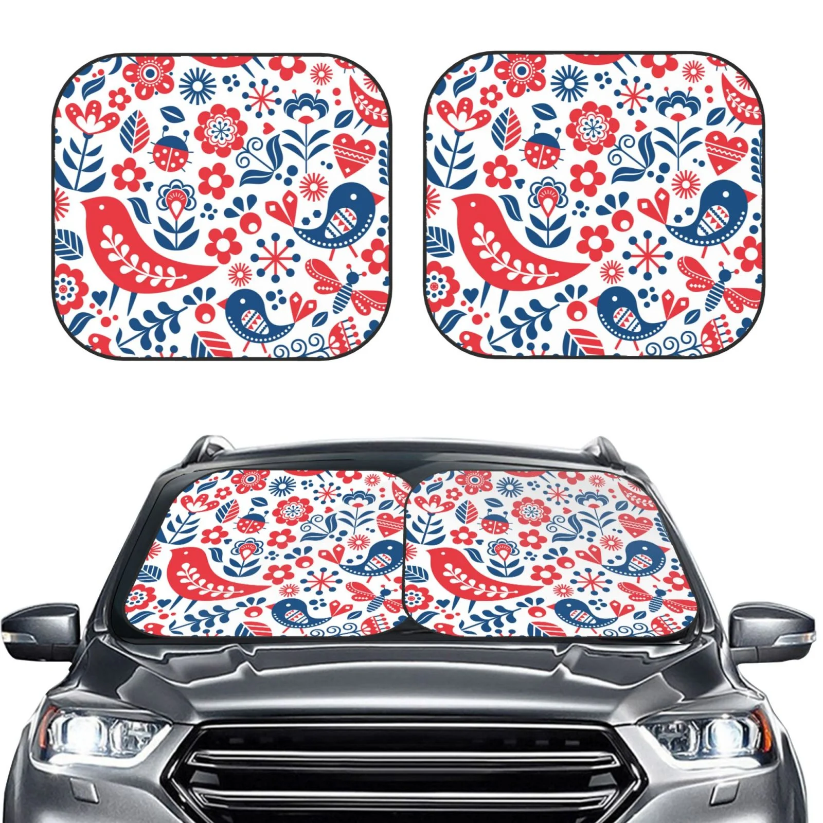 Lukts Birds Flowers Print 2 Piece Car Sun Shade Windshield,Foldable Car Shade Front Windshield With Keeps Your Vehicle Cool, For Most Sedans Suv And Trucks - Small