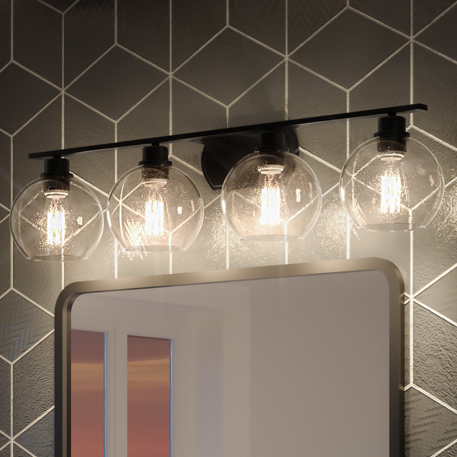 Luxury Utilitarian Indoor Bath Fixture, 8.50''H x 36.00''W, with Modern Farmhouse Style Elements, Classic Design, Matte Black Finish and Clear Seeded Glass, UQL3451