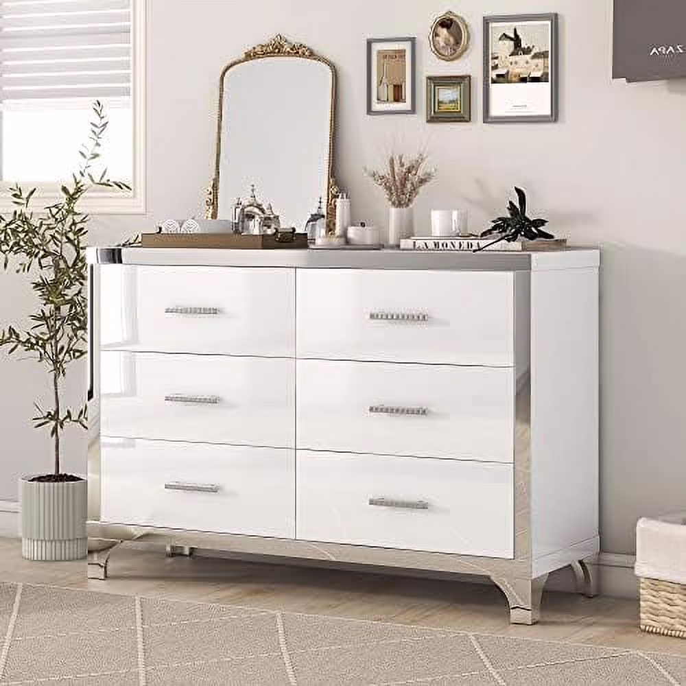 RUNFAYBIU Mirrored 6 Drawers Dresser Modern Luxury Chest of Drawer  Elegant High Gloss Dresser with Metal Handle for Bedroom Nursery  Cabinet（White）