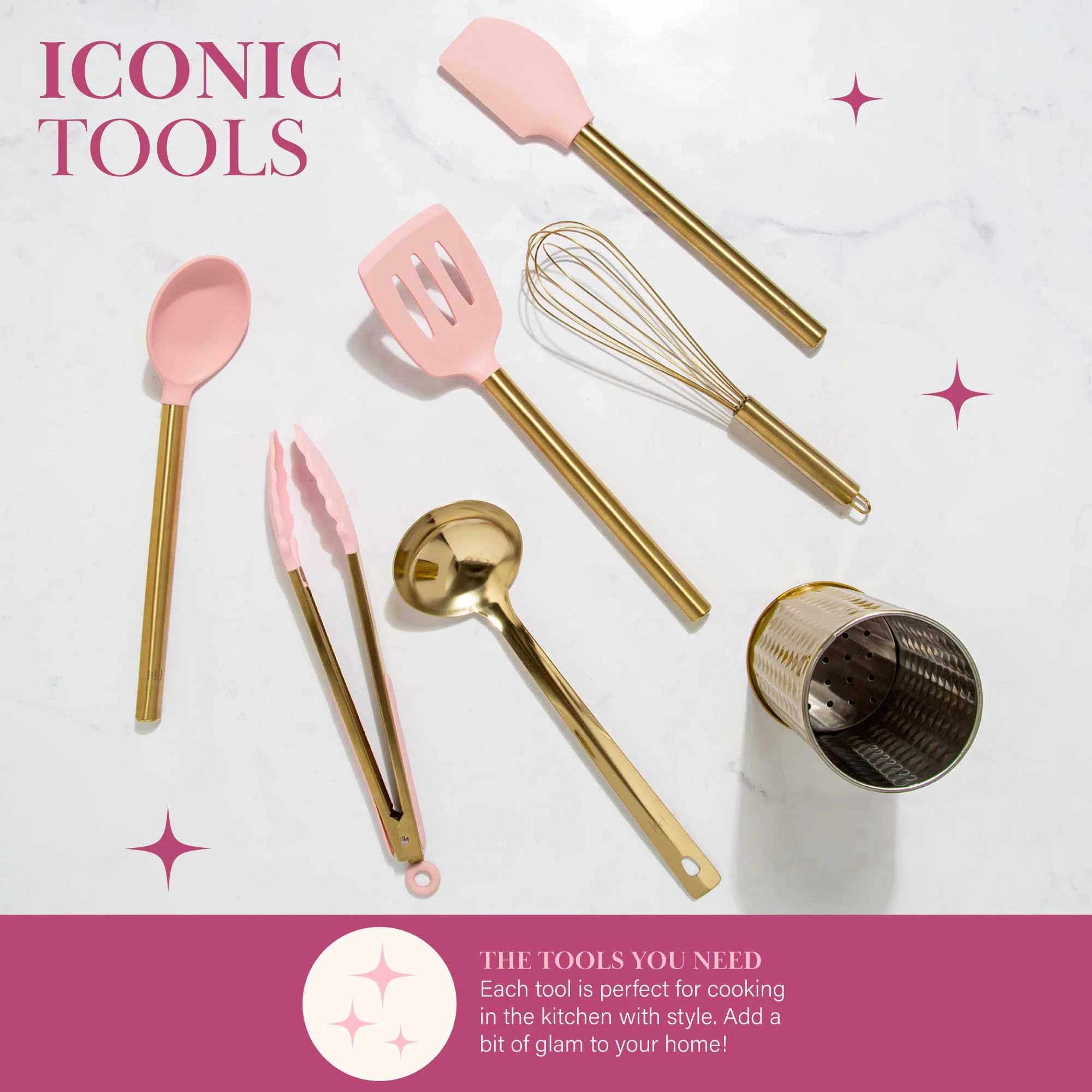 Paris Hilton 7-Piece Cooking Utensils Set, Silicone and Stainless Steel, Pink