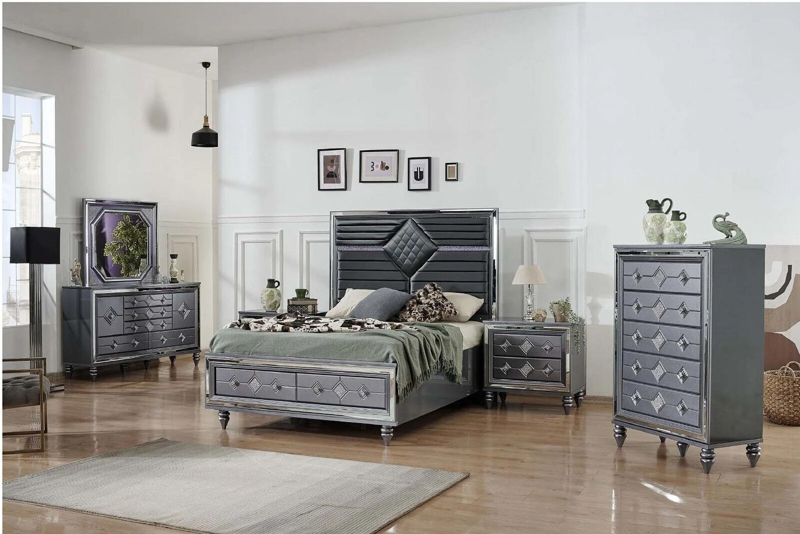 5pc Luxury Dark Gray King Storage Bed w/LED Headboard Dresser Mirror Nightstand Bedroom Set