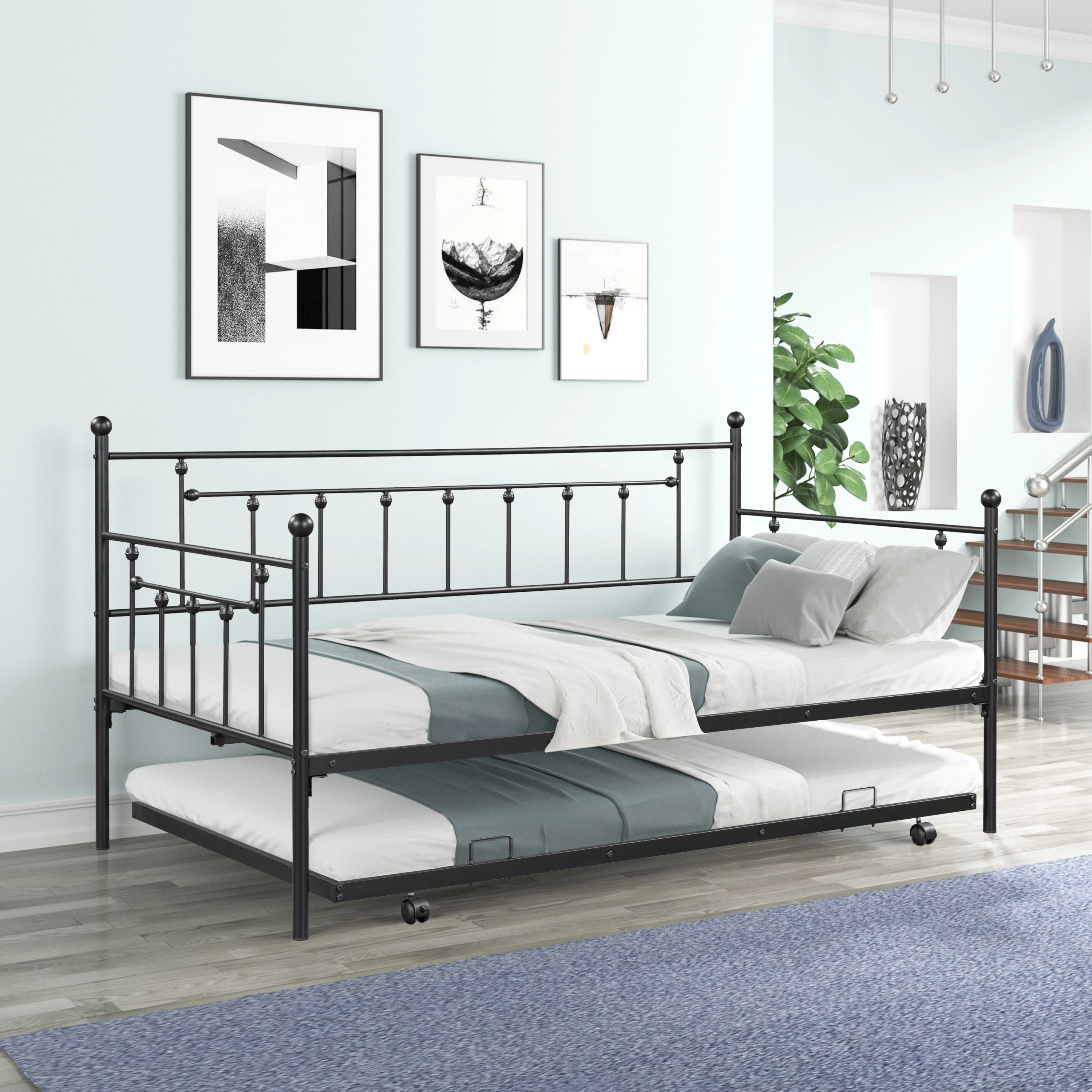 Regent Twin Size Metal Daybed with Trundle - Black