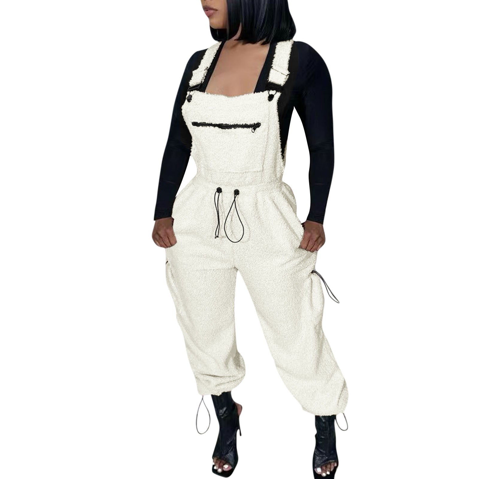HHeiK Warm Fleece Overalls for Women One-piece Bibs Jumpsuits Warm Fuzzy Ski Pants with Multiple pockets