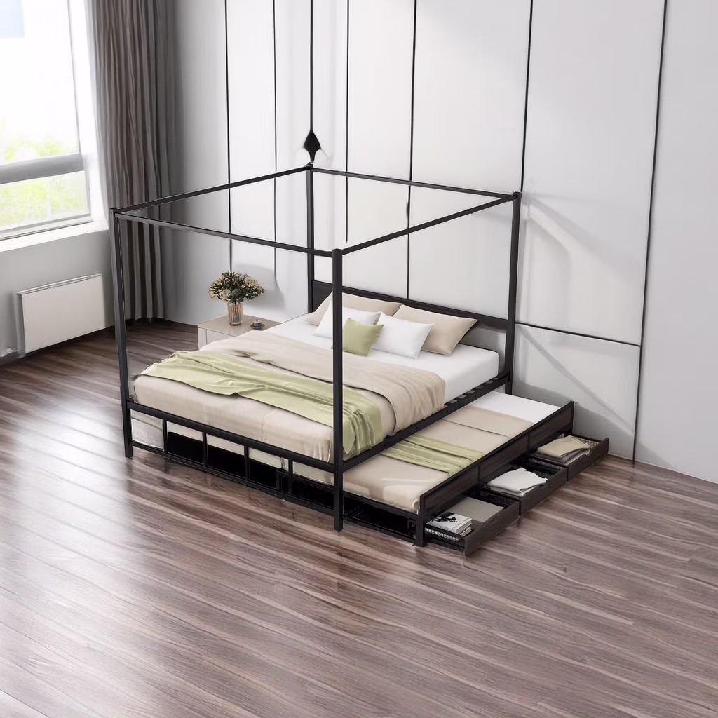 Queen Size Metal Canopy Platform Bed Frame for Boys Girls Kids Adults Toddler with Twin Size Trundle and 3 Storage Drawers