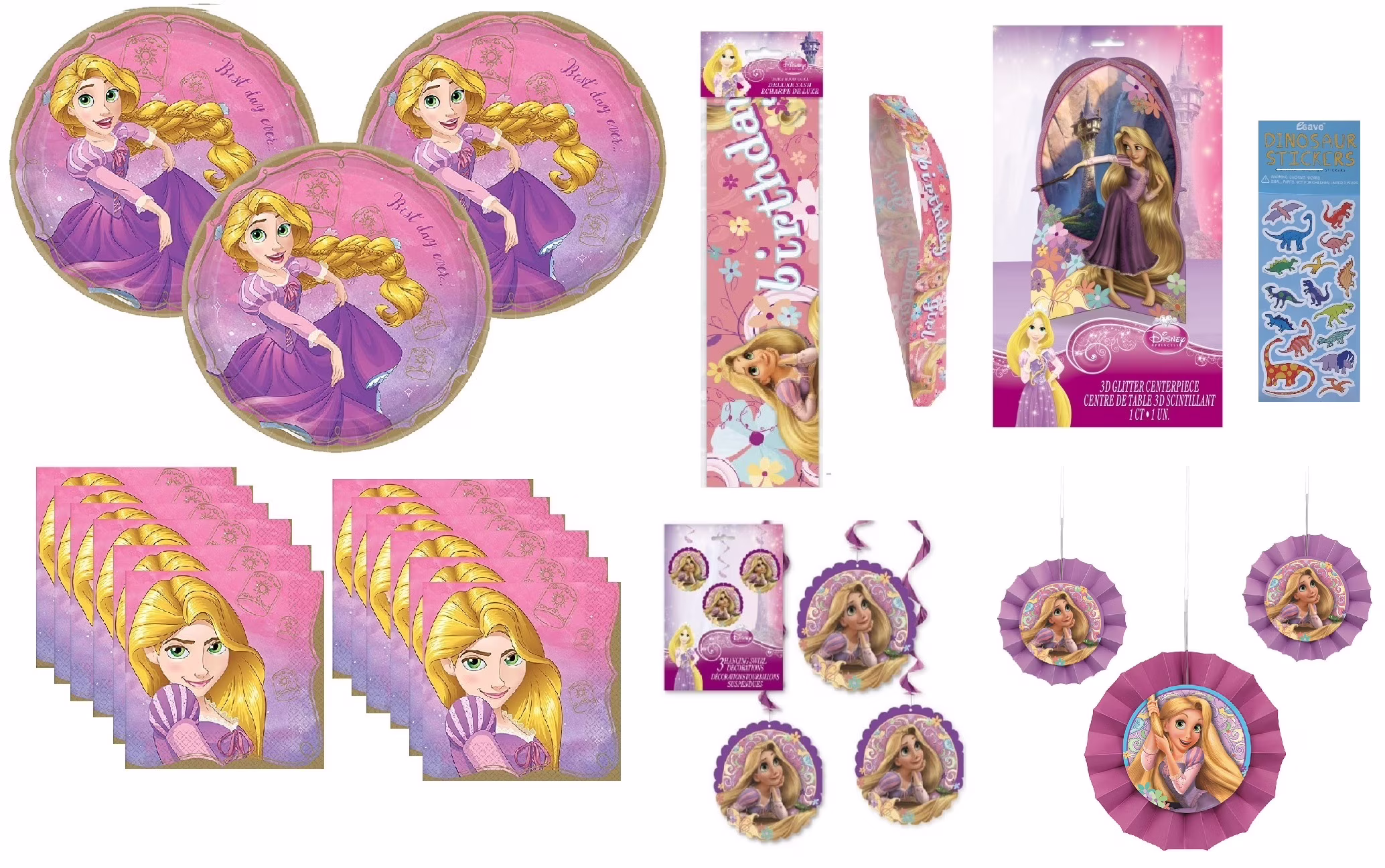 Disney Tangled Rapunzel Princess Birthday Party Supplies Decoration Bundle Pack includes16 Lunch Plates, 16 Napkins, 1 Glitter Centerpiece, 3 Hanging Swirl Cutouts, 3 Hanging Fans, 1 Sash,&nbsp;
