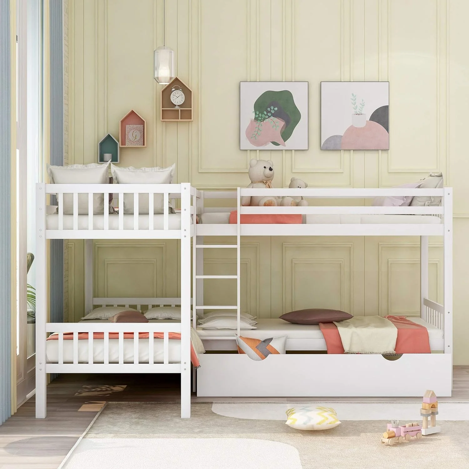 Bunk Bed, Over Bunk Bed With Drawers For Kids/Teens, Wood Platform 4 Bed Frame With Support Slats (White)