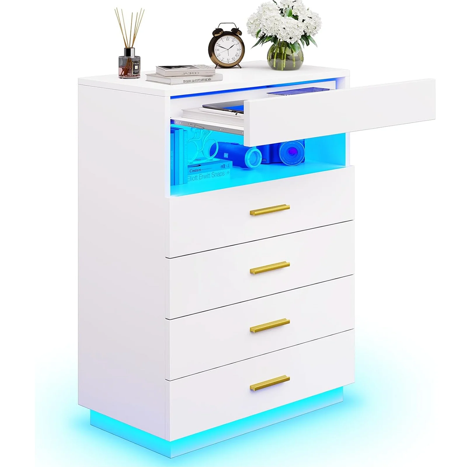 White Dresser with LED Lights, Tall Dresser with Pull Out Tray, Chest of Drawers