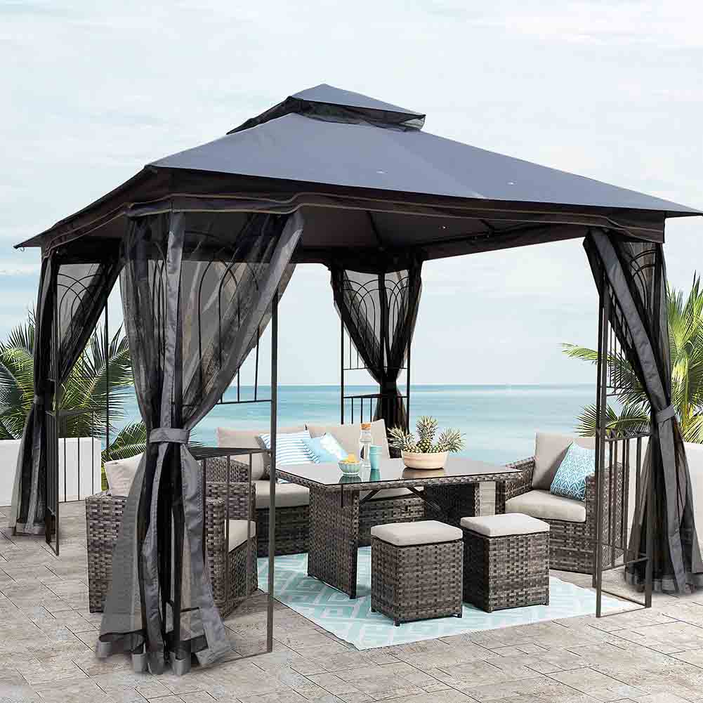 Outdoor Gazebo with Netting 10x10 Outdoor Patio Gazebo Canopy Tent with Ventilated Double Roof and Mosquito Net Gray
