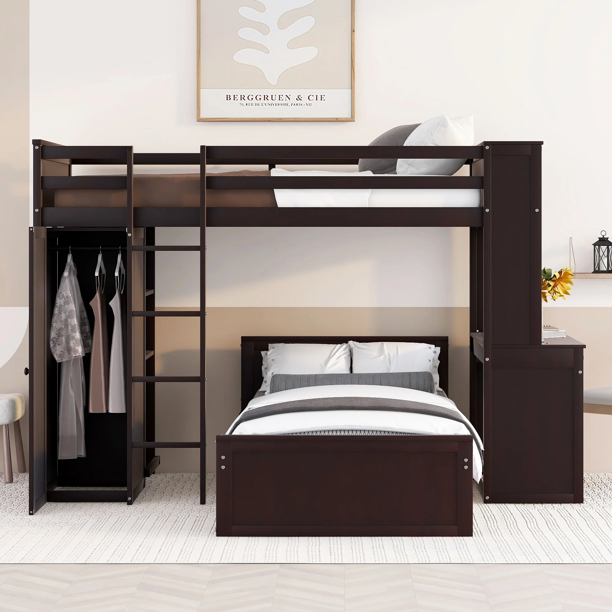 Twin Size Solid Wood Loft Bed with a Stand-alone bed, Shelves, Desk, and Wardrobe, Multifunctional Loft Bed with Ladder, Shelves, Wooden Loft Bed, No Box Spring Needed(Espresso)