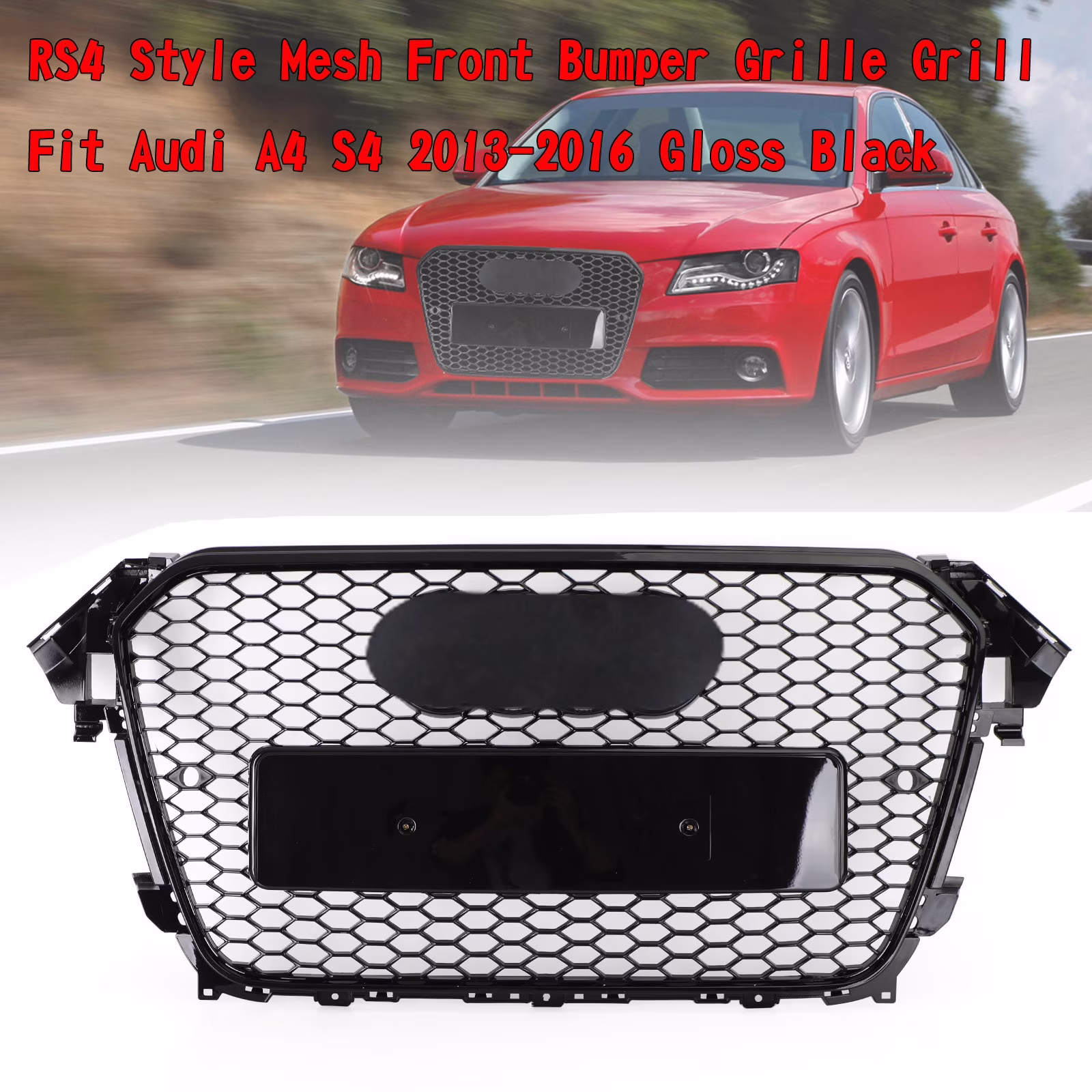 RS4 Style Mesh Front Bumper Grille Grill fit for Audi A4 S4 2013-2016 Gloss Black