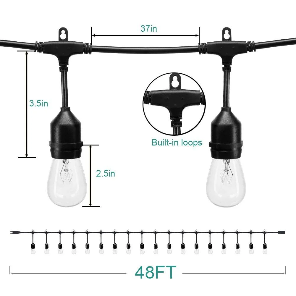48 Ft Addlon Outdoor String Lights Commercial Grade Weatherproof Strand Edison Vintage Bulbs 15 Hanging Sockets, Ul Listed Heavy-Duty Decorative Cafe Patio Lights For Bistro Garden