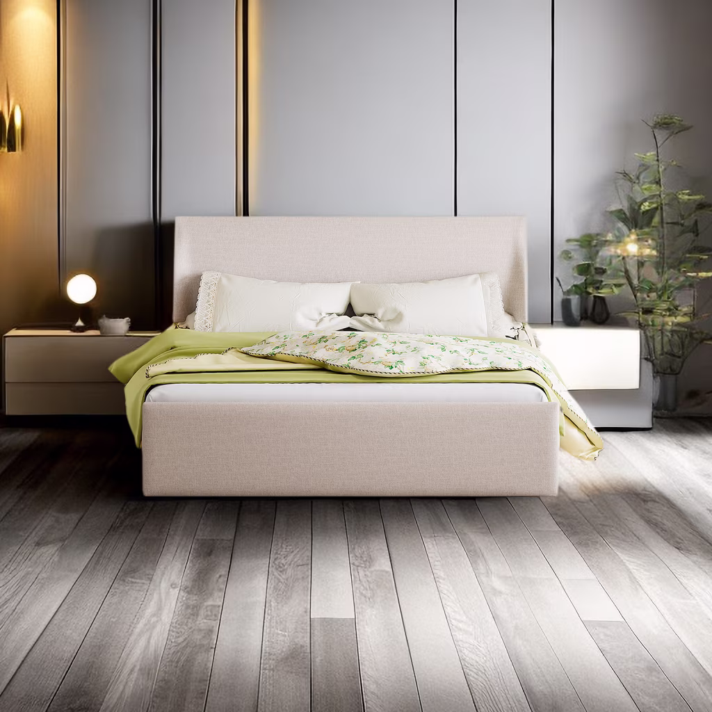 Luxurious Linen Upholstery Full Size Platform Bed with Side-Tilt Hydraulic Storage System, Timeless Sleigh Bed with Wingback Headboard, Space Saving