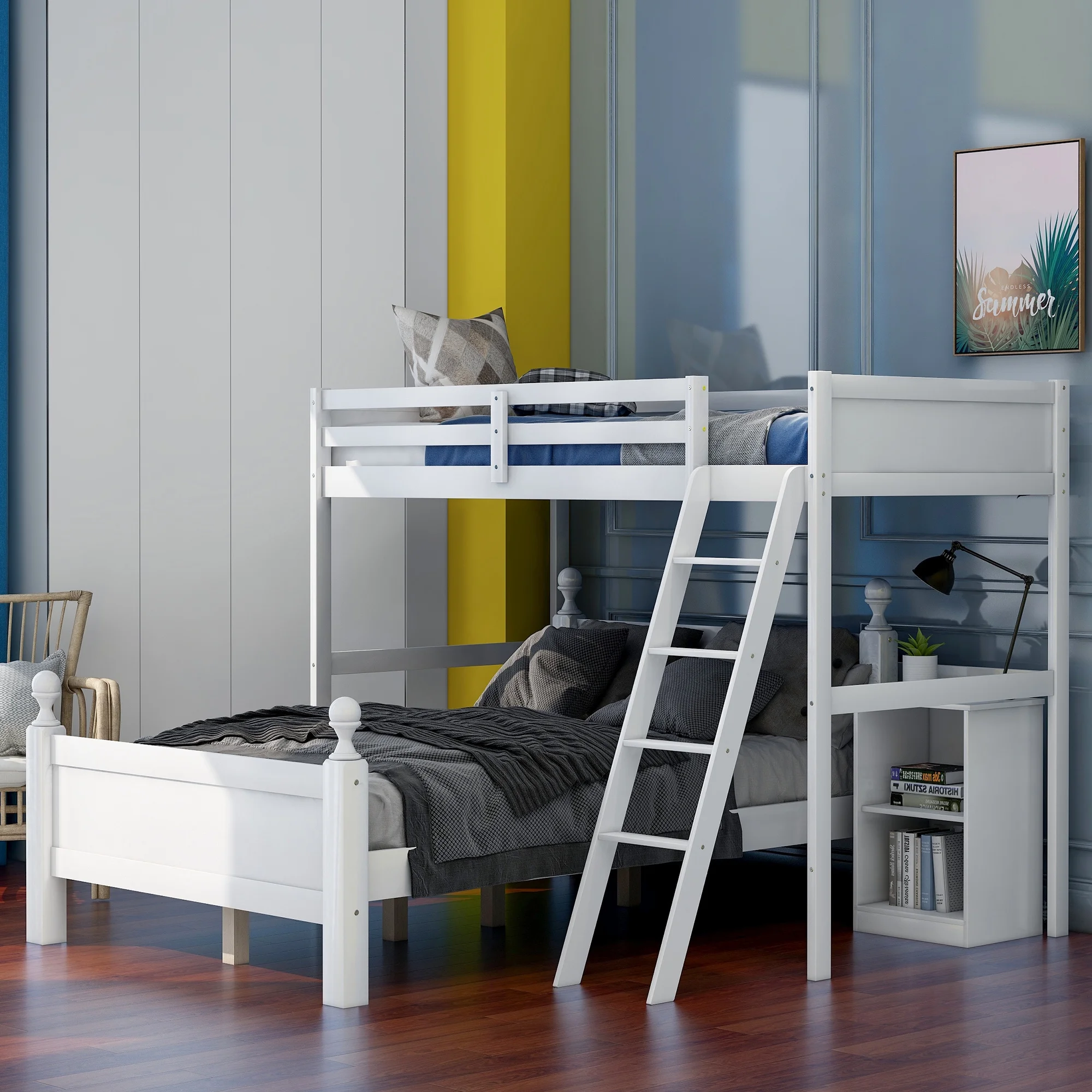 Leadzm Twin over Full Loft Bed with Cabinet, White