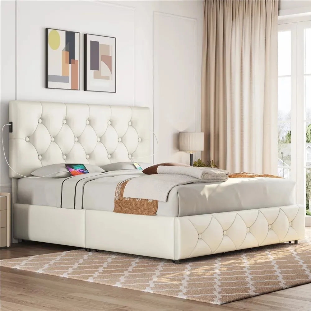 Faux Leather Upholstered Bed With 4 Storage Drawers and USB Ports Beige Cabin Bed Base & Frame Queen Bedroom Beds & Furniture