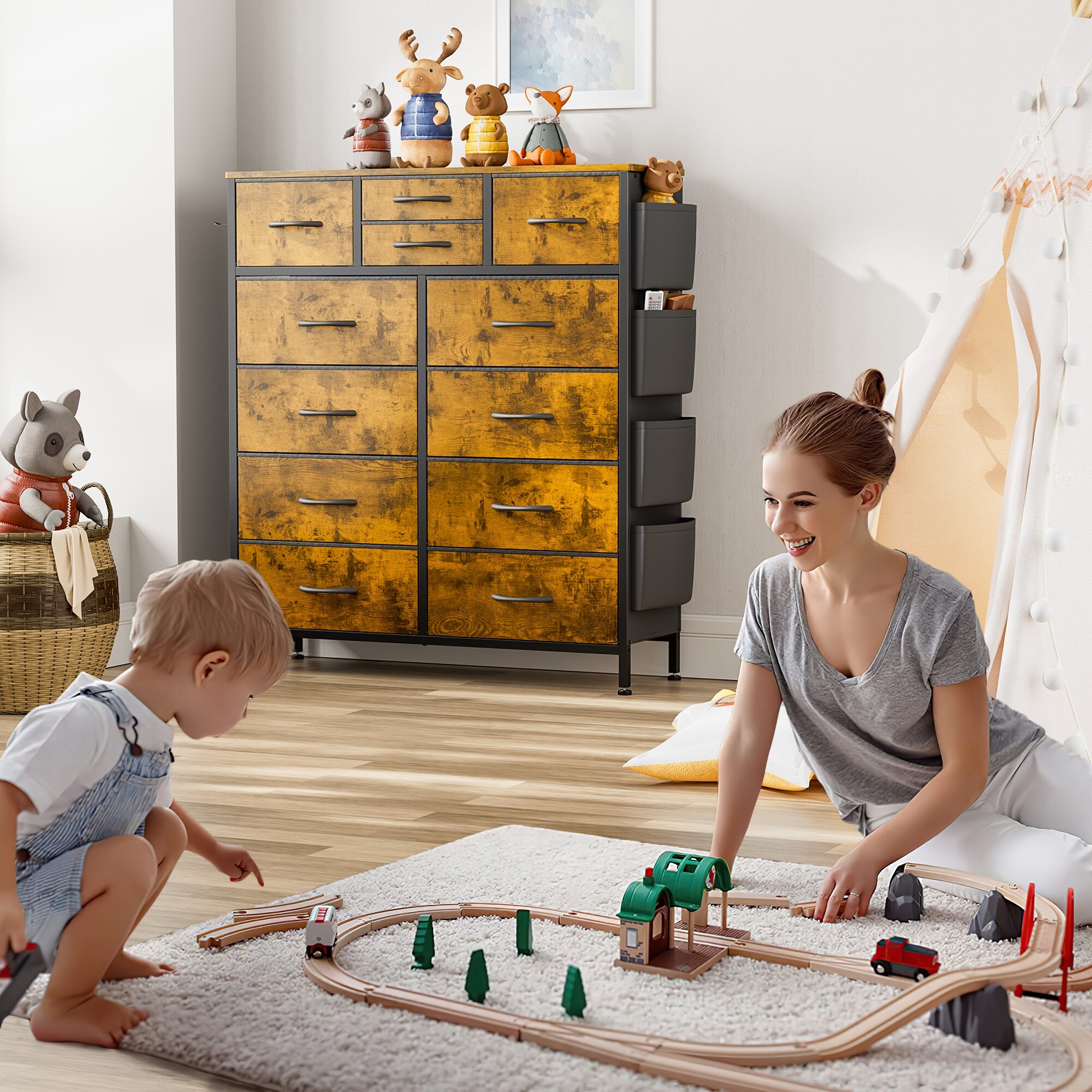 JINYUZHOU INC 12 Drawer Dresser Tall Dressers for Bedroom Fabric Chest of Drawers Rustic Brown