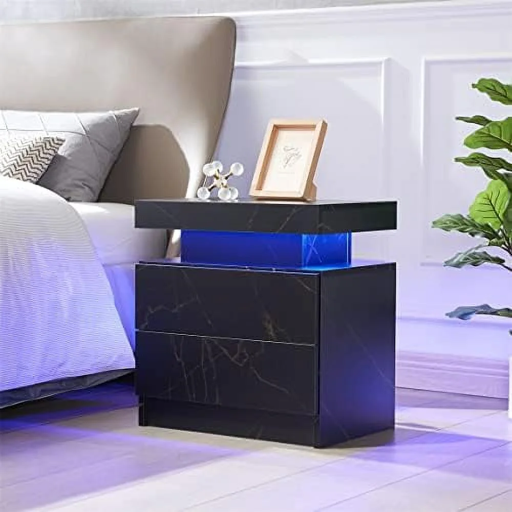 HOOMHIBIU Nightstand Set of 2 LED Nightstand with 2 Drawers  Bedside Table with Drawers for Bedroom   Side Bed Table with LED Light