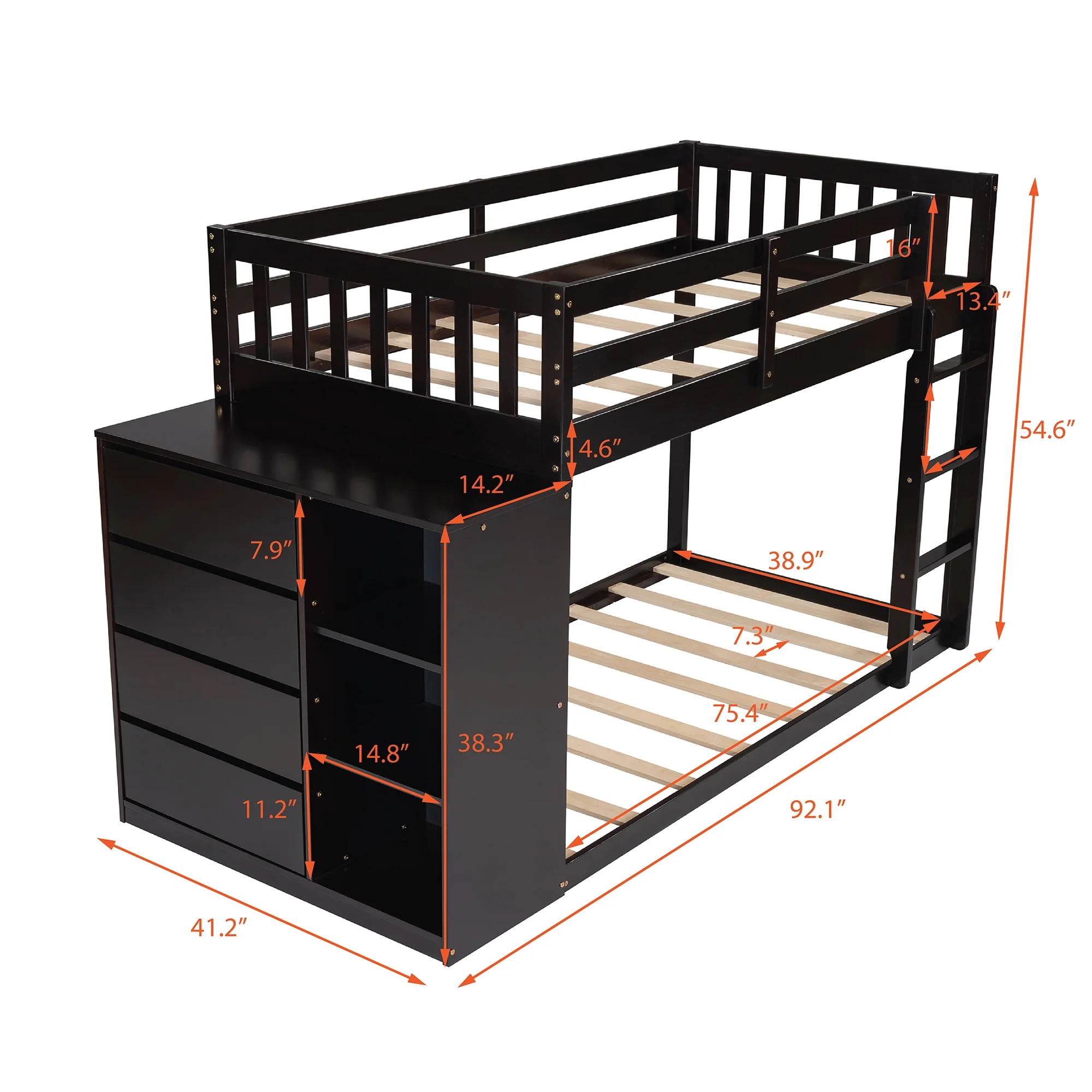 Wood Twin Over Twin Size Bunk Beds Frame with Full-Length Guardrail, Space-Saving, No Box Spring Needed with 4 Drawers and 3 Shelves