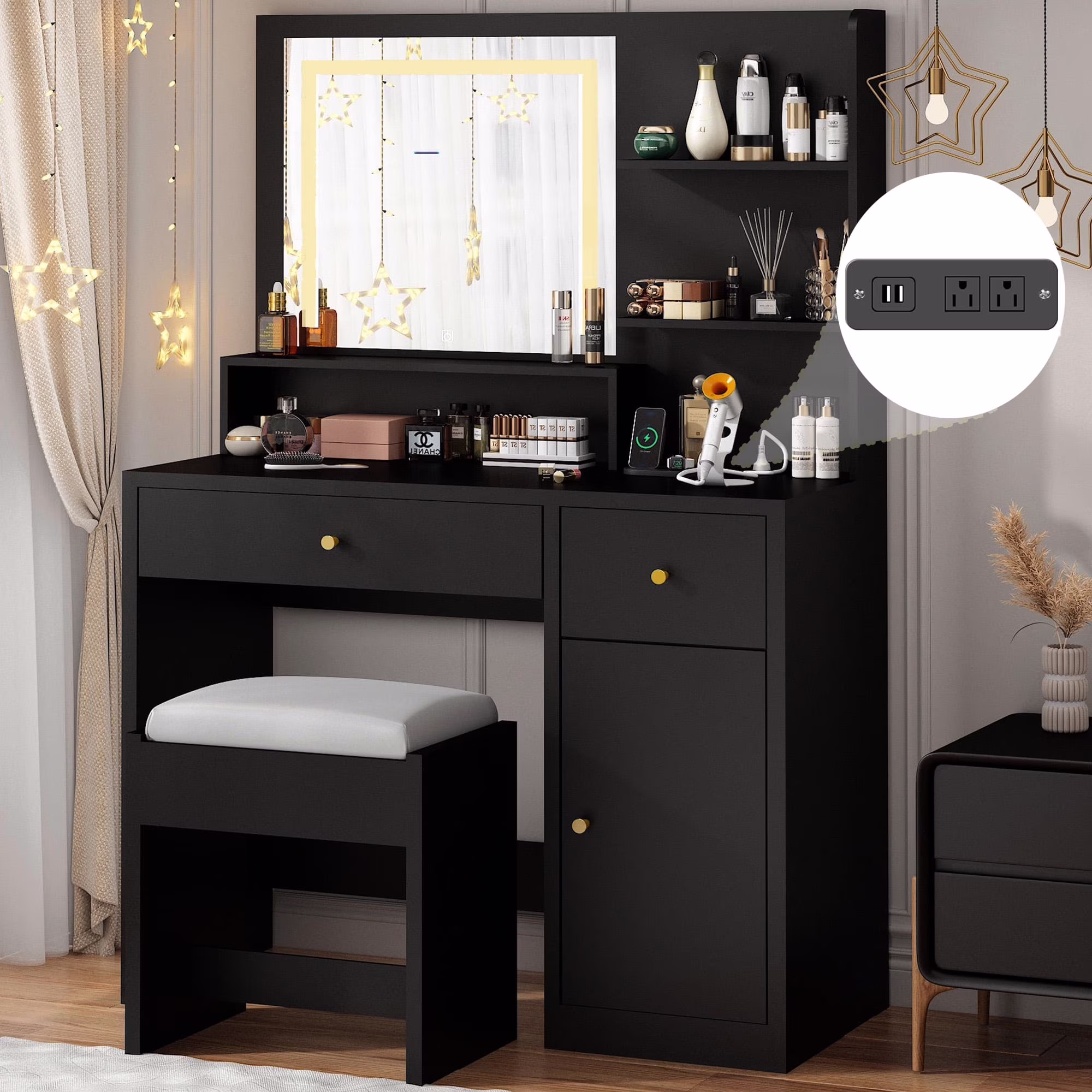 Vanity Desk Set with LED Light Mirror & Power Outlet, Makeup Table with 3 Shelves & 2 Drawers & 3 Level Adjustable Cabinet, Makeup Vanity Stool(Black-37-inch)