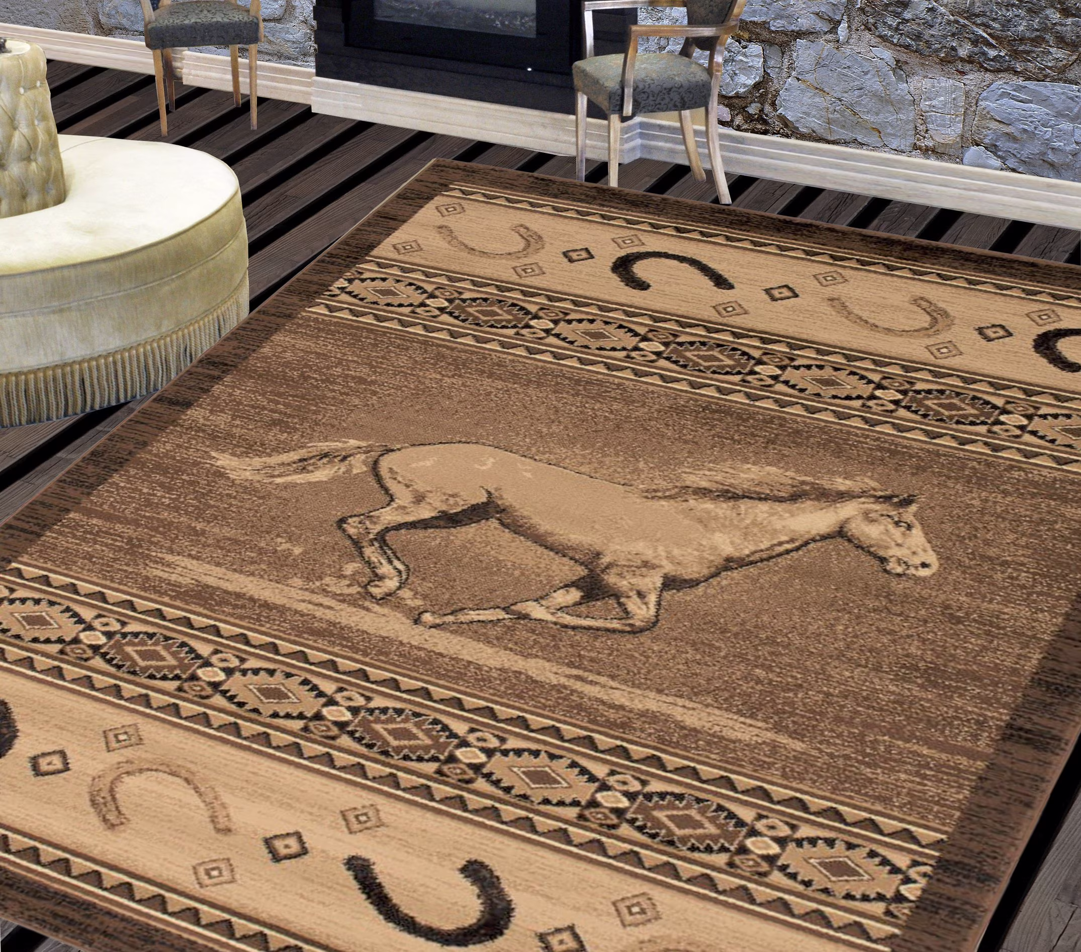 Lodge, Cabin Nature and Animals Area Rug - Southwestern Design Cabin Area Rug - Abstract, Chocolate-Horse/Horse Shoe