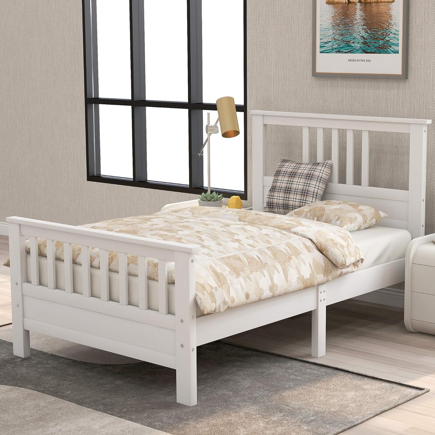 Size Bed Frame With Headboard And Footboard, Wooden Platform Bed Frame With Sturdy Slat Support, No Box Spring Needed (, White)