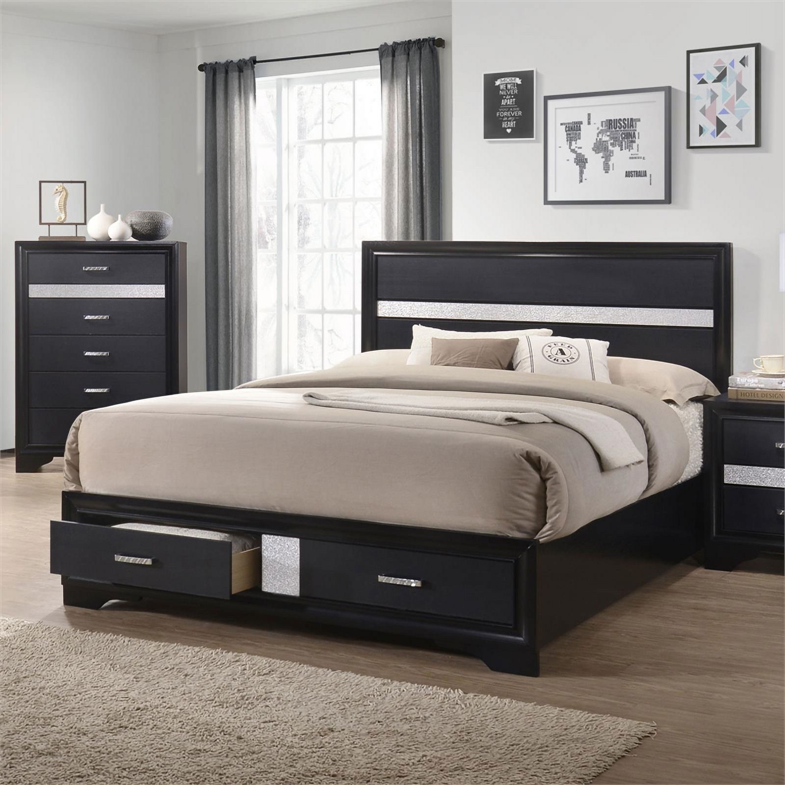 Pemberly Row Contemporary Eastern King 2-drawer Wood Storage Bed Black