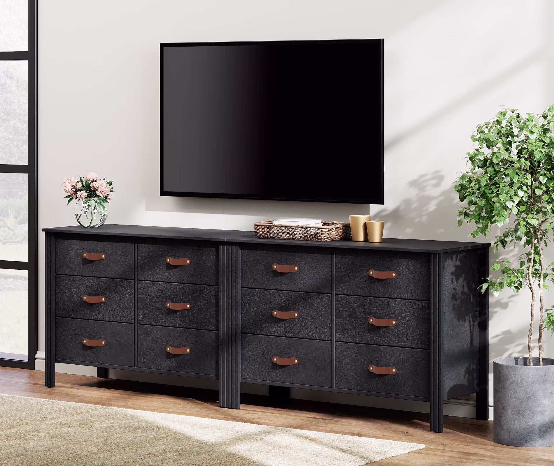 Set of 2 Black Dresser for Bedroom, Large Wood Dresser with 6 Drawers, Storage Cabinet for Living Room, Hallway
