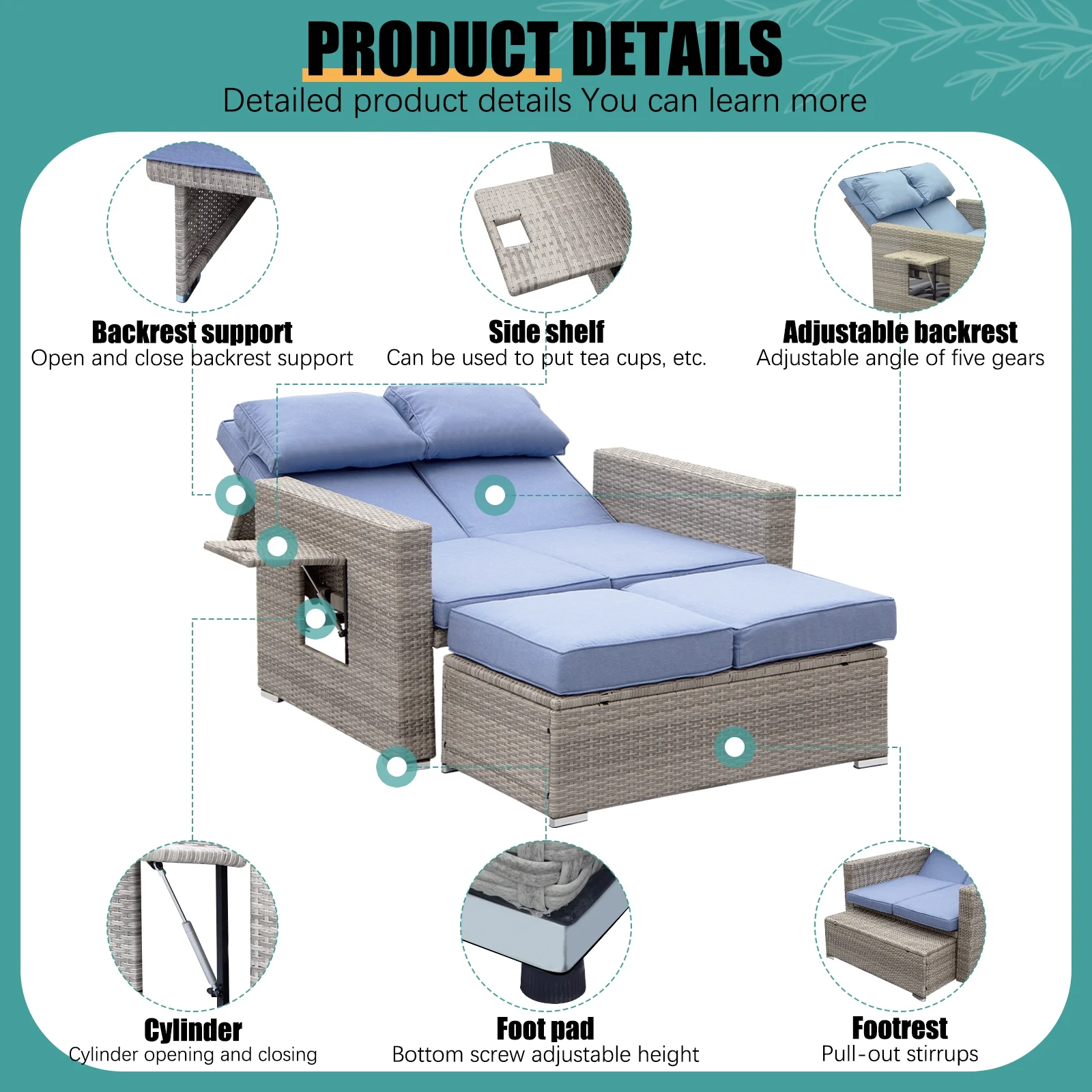 PE Wicker Rattan Double Chaise Lounge,2-Person Reclining Daybed with Adjustable Back and Cushions,Free Furniture Protection