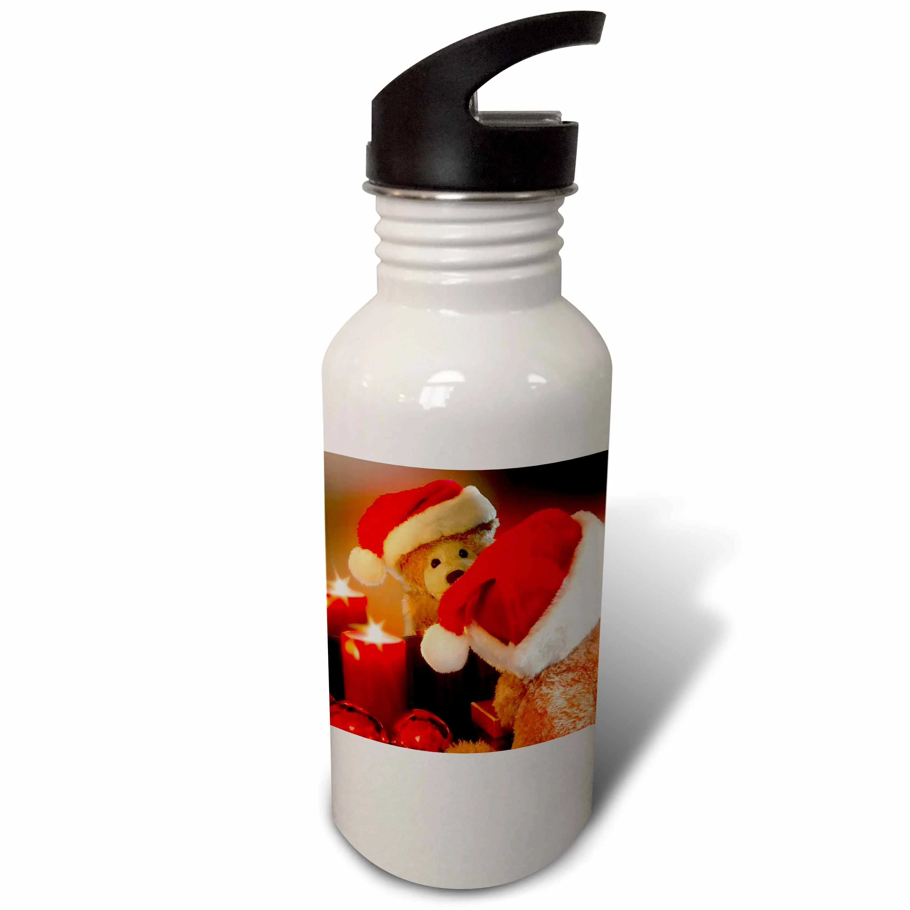 Christmas Teddy Bear in a Santa Hat with Candle and Reflection 21 oz Sports Water Bottle wb-164732-1