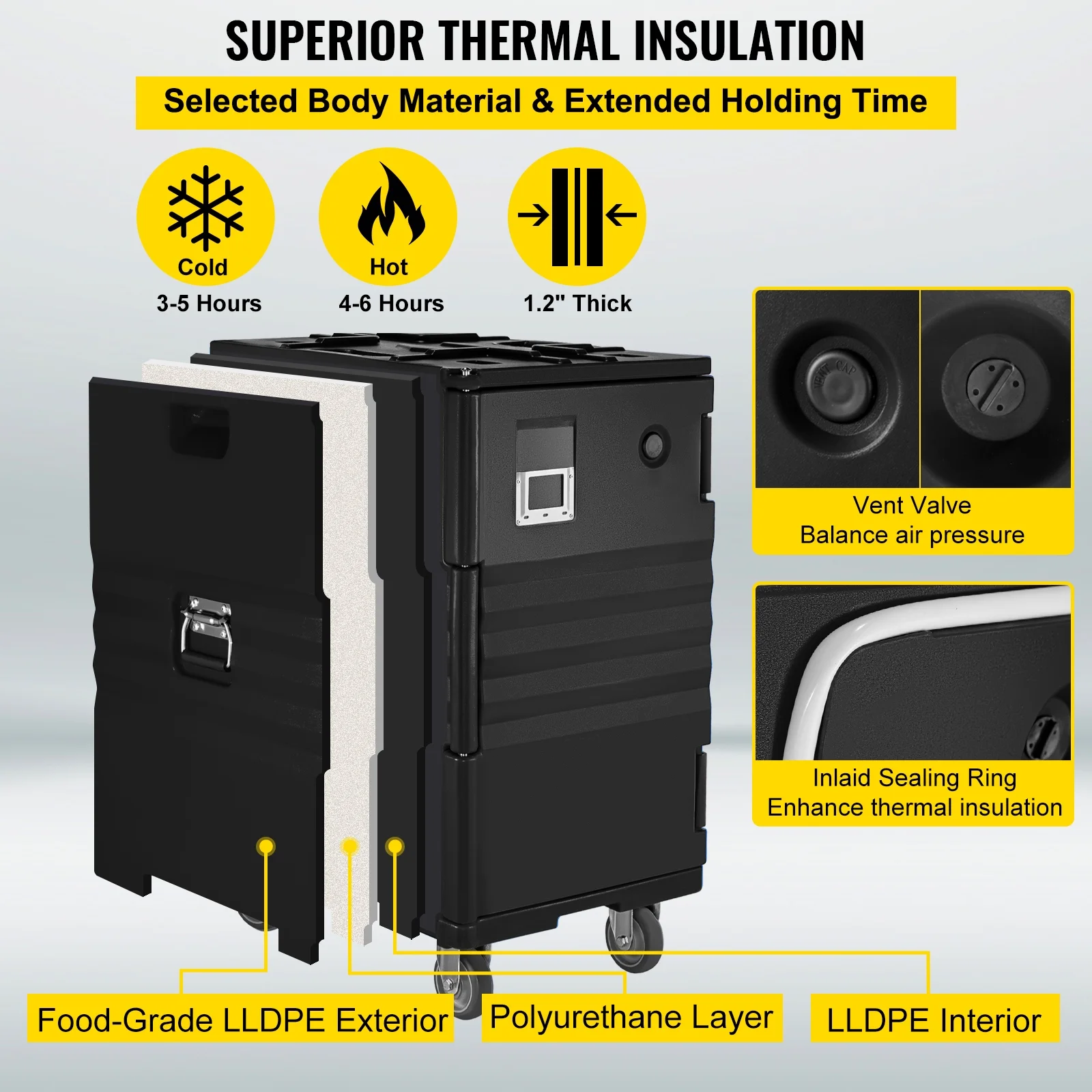 BENTISM Insulated Food Pan Carrier Front Load Catering Box w/ Wheels 109 Qt Black