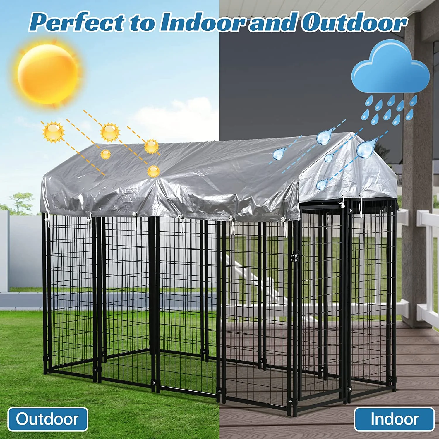 Dog Kennel, Crate Cage, Extra Large Welded Wire Pet Playpen with UV Protection Waterproof Cover and Roof Outdoor Heavy Duty Galvanized Metal Animal Enclosure for Outside