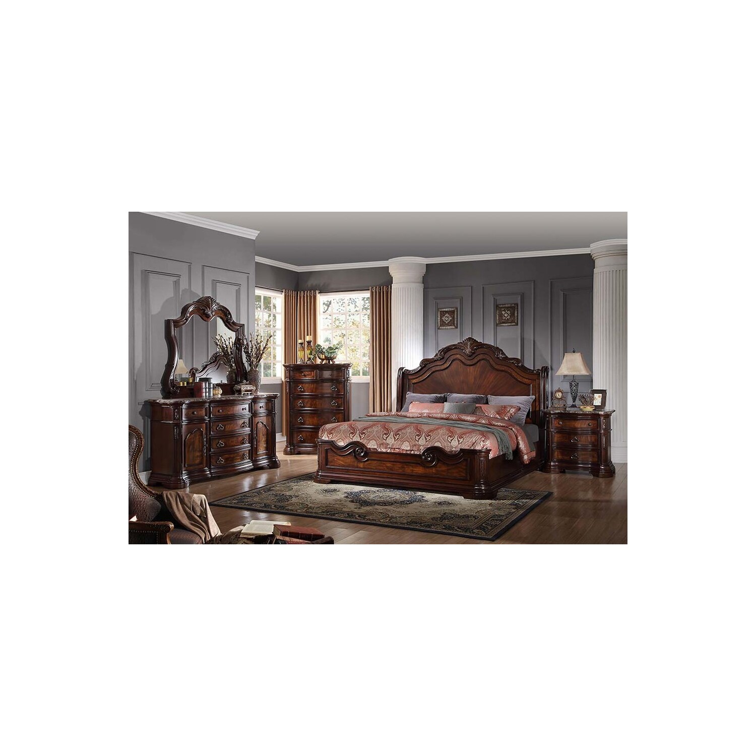Best Master Barney's Traditional 5-Piece Queen Set in Walnut w/Marble Top