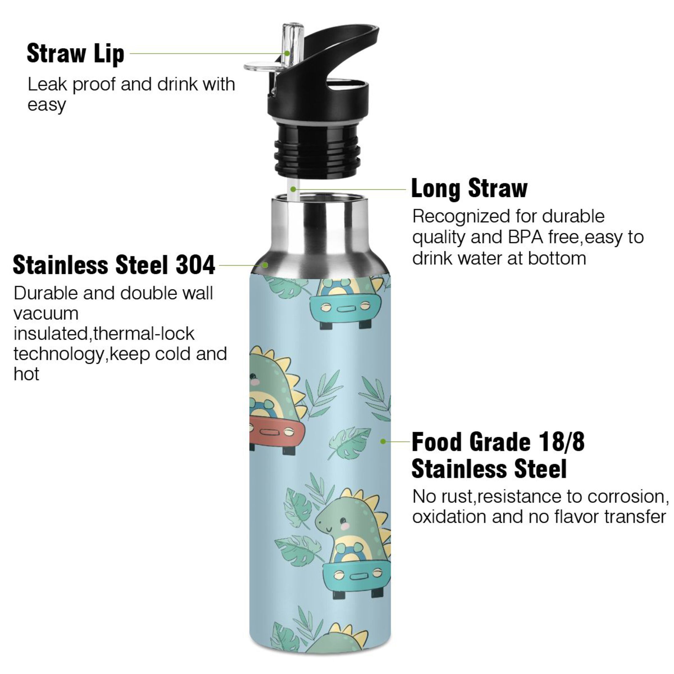 Water Bottle with Straw Lid Leak Dinosaur Cute Rides Car Stainless Steel Insulated Thermos Vacuum Flask for Cold Hot Drinking for Sports Camping Gym Yoga
