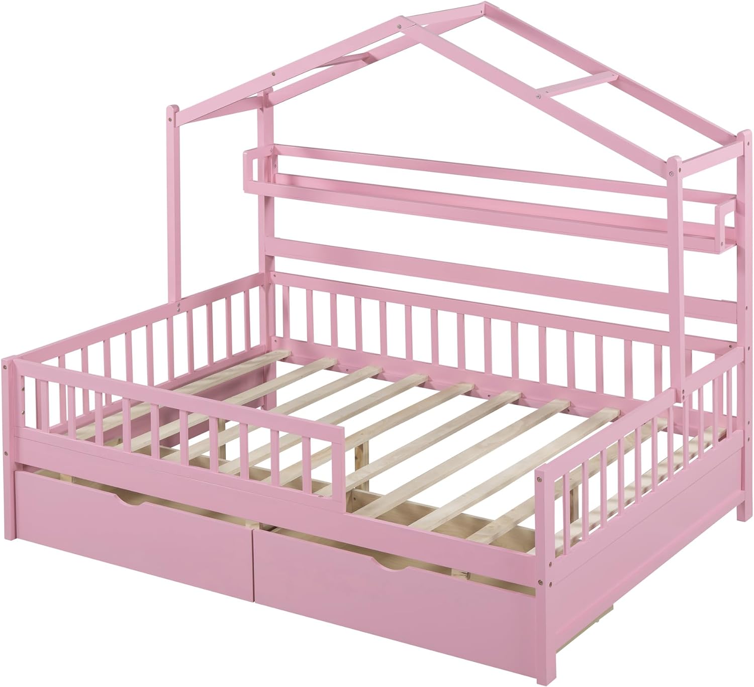 Wooden Full Size House Bed with 2 Drawers for Kids, Full Daybed Platform Frame with Storage Shelf, Roof and Safety Fence