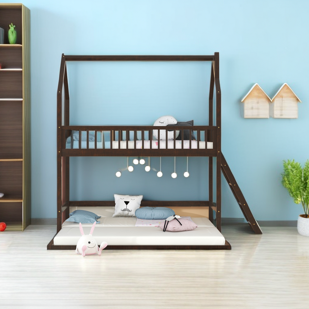 Twin Over Twin House Bunk Bed with Extending Trundle and Ladder, Wooden Bunk Bed Frame for Kids Teens Girls Boys