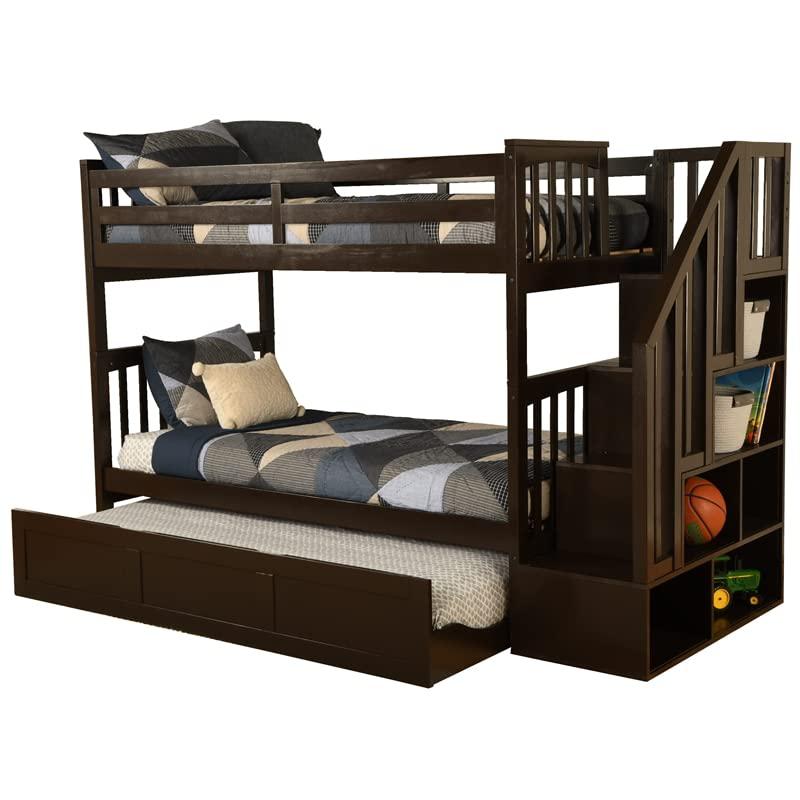 Kelcie Twin/Twin Wood Bunk Bed with Storage and Trundle in Dark Chocolate Brown
