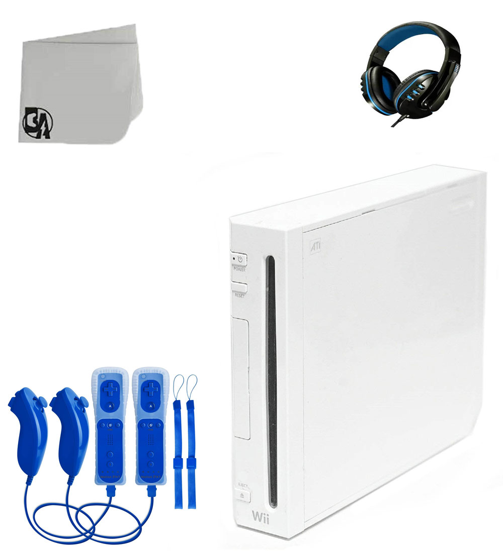 Nintendo Wii White Gaming Console With 2 Blue Gaming Controller + Head Set BOLT AXTION Bundle Like New