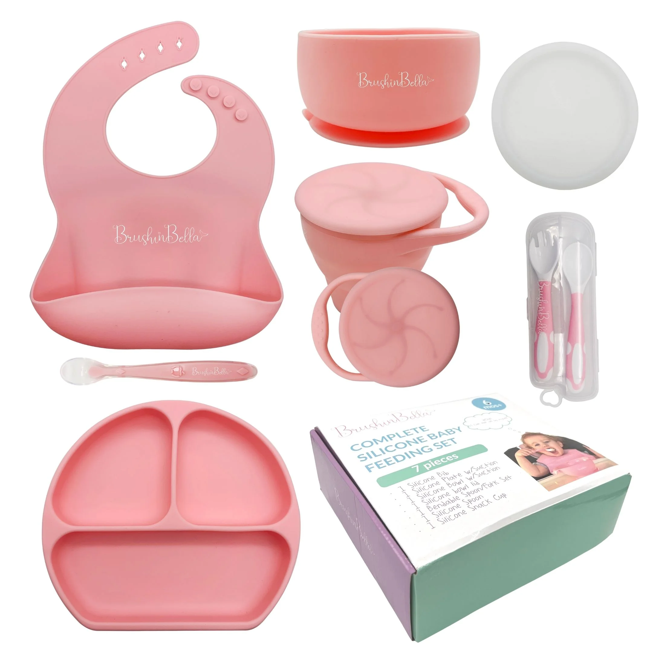 BrushinBella Baby Feeding Supplies - Complete Baby Feeding Set with Baby Plate, Baby Spoons First Stage, Silicone Bib and Snack Cup - Infant Eating Utensils and Baby Bowl with Suction