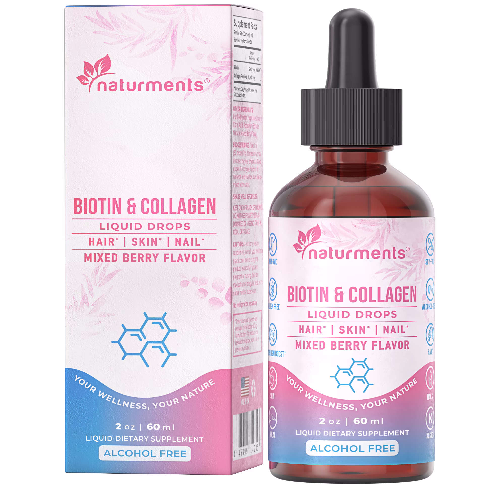 Naturments Biotin & Collagen Liquid Supplement: Strong Hair, Skin, Nail, Joints Support-Liquid Biotin & Collagen for Healthy Hair Growth for Men & Women Non-GMO, Alcohol-Free, Sugar-Free 2 Fl Oz- 60mL