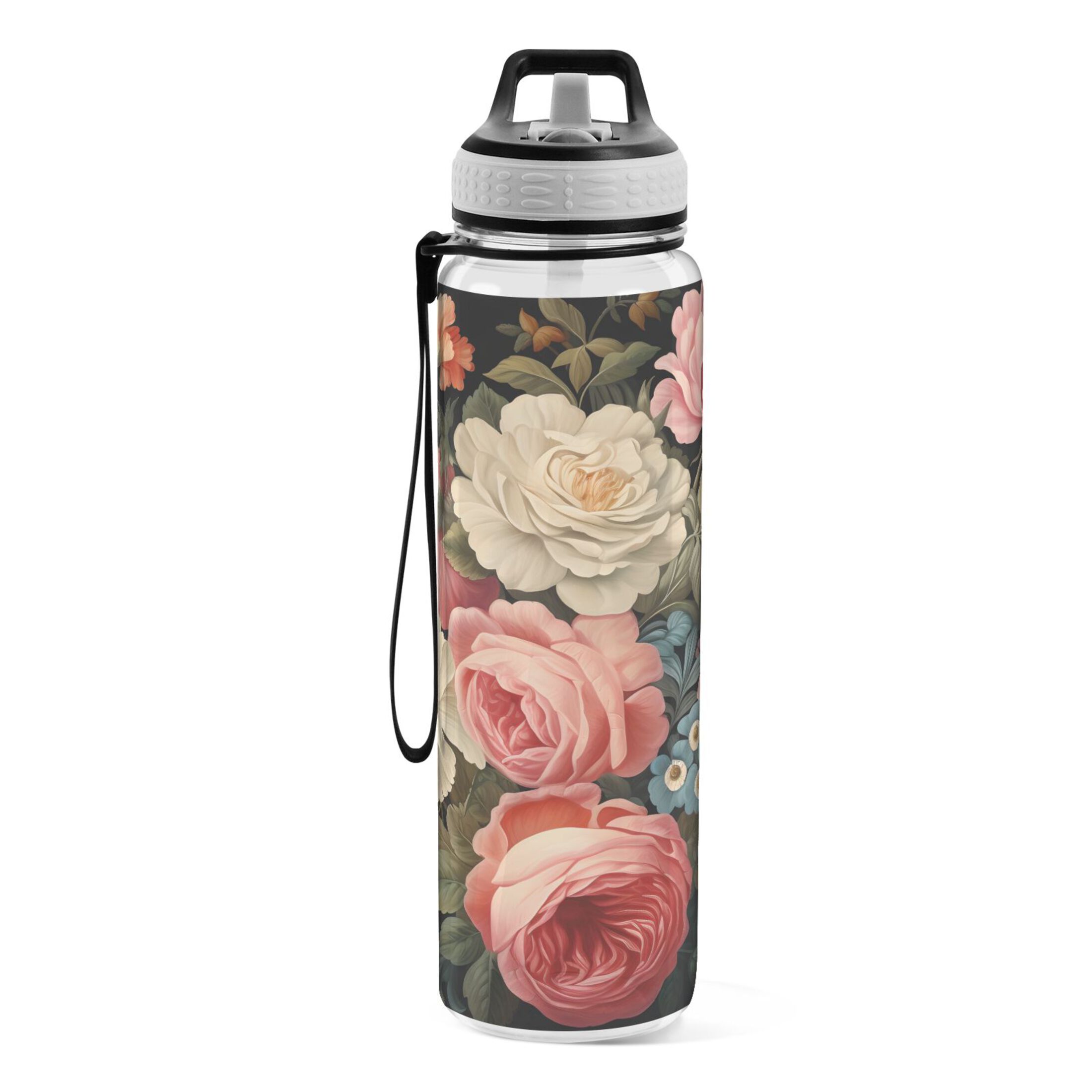 Pink and Blue Flowers Roses 32oz Water Bottles with Straw Tritan Leakproof Sports Bottle BPA Free Clear for Fitness Gym Swimming Cycling