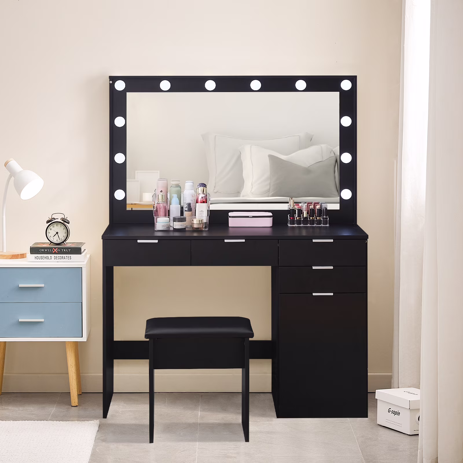 Clipop Makeup Vanity Set with Vanity Stool,4 Drawers & Storage Cabinet，with Large Mirror & 3 Colors LED Lights,Black